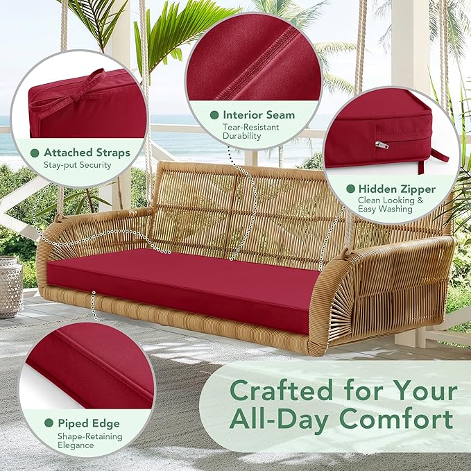Outdoor Bench Cushion: Waterproof and Fade Resistant Patio Furniture Cushions - Non-Slip Bench Pad Cushion with Removable Cover for Garden Swing Porch Sofa Settee, 48 x 18 x 3 Inch, Burgundy