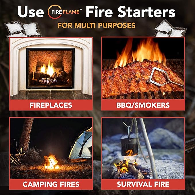 Fireflame Quick Instant Fire Starter - 100% Waterproof All-Purpose Indoor & Outdoor Firestarter, for Charcoal Starter, Campfire, Fireplace, BBQ - Odorless and Non-Toxic - 40 Pouches in Canister