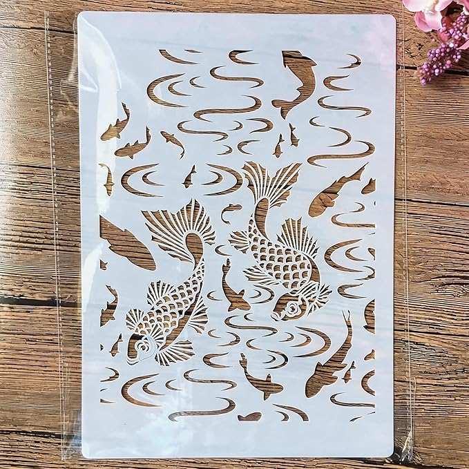 TIAMECH A4 Reusable Double Fish Stencil for Painting - Carp Brook Layering Template, DIY Wall Art, Wood Furniture, Scrapbook & Crafts (8.3x11.7inch)