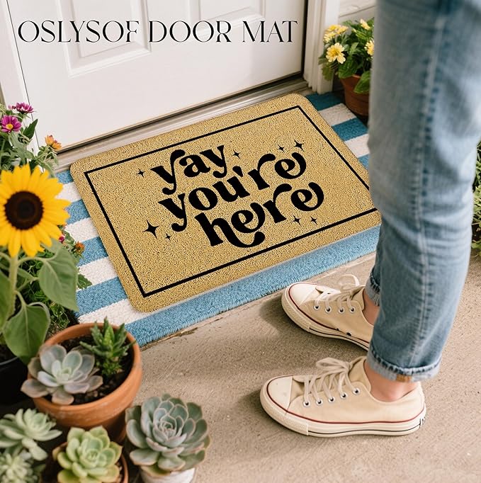 Funny Welcome Door Mat, Yay You're Here Doormat for Front Door Indoor Outdoor Porch Entrance Entryway, Funny Welcome Mat Outside, 17x30 Inches