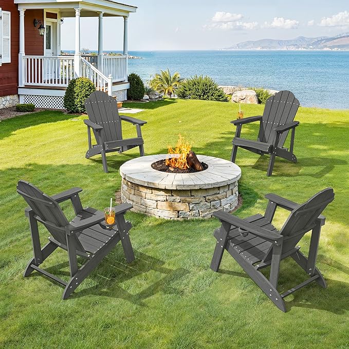 LUE BONA Matte HDPE Adirondack Chairs Set of 2 - Weather Resistant Seating with Cup Holder for Porch, Urban Patio, Deck & Fire Pit, Dark Gray