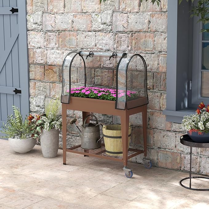 Outsunny Raised Garden Bed with Greenhouse Cover, 3' x 1' x 4' Mobile Elevated Planter Box on Wheels with Zippered Roll-up Door, Storage Shelf for Vegetables, Flowers, Herbs, Brown