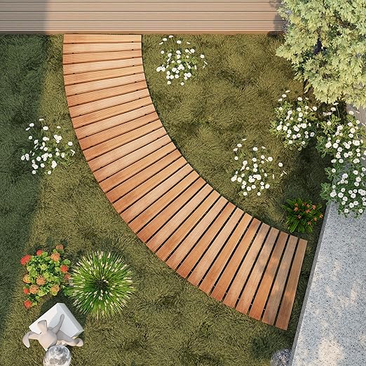 6FT Curved Wooden Garden Pathway Walkway Outdoor Roll Out Decorative Garden Non-Slip Patio Path Decorative Boardwalk Outdoor Road Floor for Backyard Beach Wedding Party