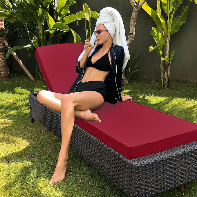 Outdoor Chaise Lounge Cushion Set of 2, Fadesafe Water-Repellent Lounge Deck Reclining Chair Cushions for Patio Furniture Lawn Pool Resort Hotel, 72x21x3 Inch, Burgundy