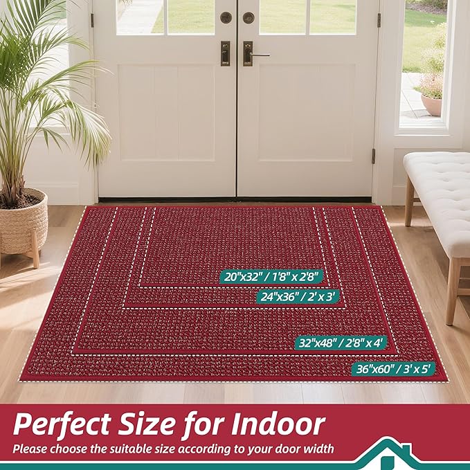 BEQHAUSE Dirt Trapper Door Mat 36" x 60", Non-Slip Washable Doormats Entrance Mat, Dirt Resistant and Absorbent Welcome Mat, Low Profile Floor Mats for Front Back Door and Entryway, Red