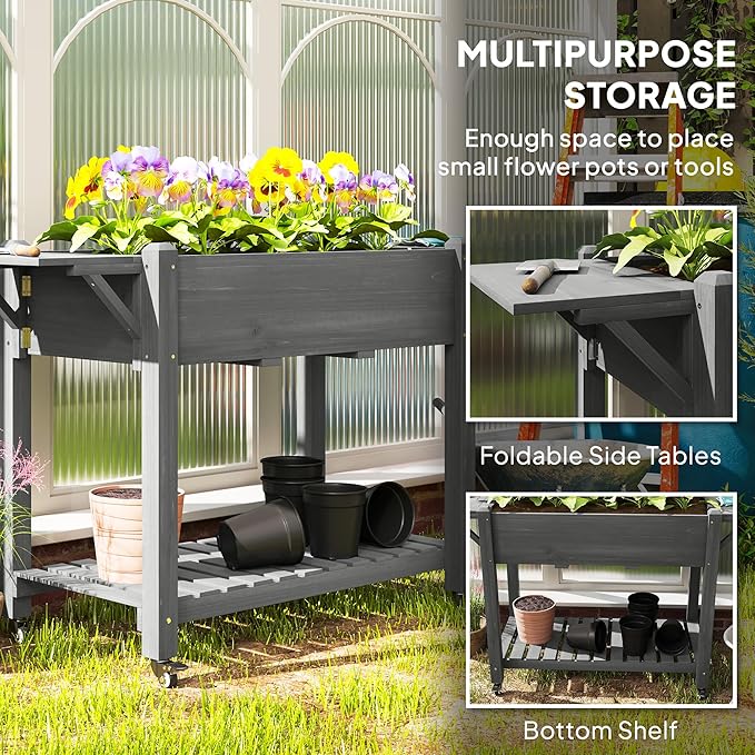 Outsunny Raised Garden Bed, 57 x 20.5 x 34 in Wood Elevated Planter Box with Lockable Wheels, Side Tables and Bottom Shelf, Outdoor Raised Planter with Bed Liner and Drainage Holes, Gray