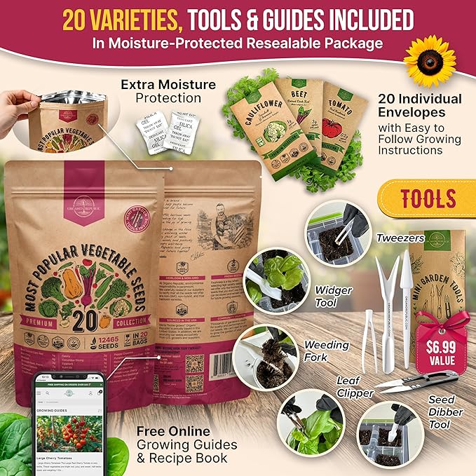 20 Vegetable Seeds Variety Pack - 12,465+ Non-GMO Heirloom Seeds for Planting Vegetables and Fruits in Individual Seed Packets, Home Garden Seed for Hydroponic, Indoor and Outdoors Gardening
