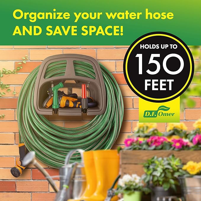 DF OMER Plastic Garden Water Hose Holder, Wall Mount Hose Hanger with Storage Compartment Fits 150 ft. Hose – 10x5x5 in. Weatherproof Hose Hanger for Outside with Shelf for Garden Equipment