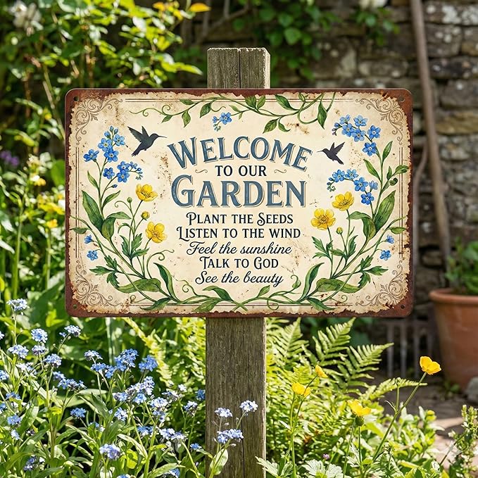 Religious Garden Tin Sign - "Welcome to Our Garden" Inspirational Metal Plaque - 8x12 Aluminum Christian Wall Decor with Bible Verse - Metal Sign Spiritual Gifts for Shed, Mom, Grandma, Prayer Garden
