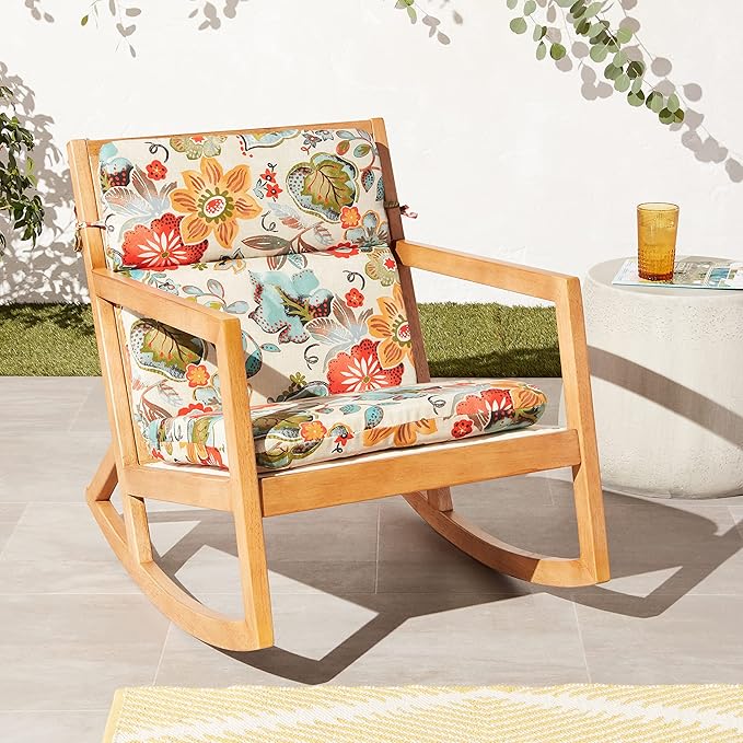 Pillow Perfect Bright Floral Indoor/Outdoor 1 Piece Split Back Chair Cushion Set With Ties, 1 Count, 40.5" x 21", Ivory Alastriste
