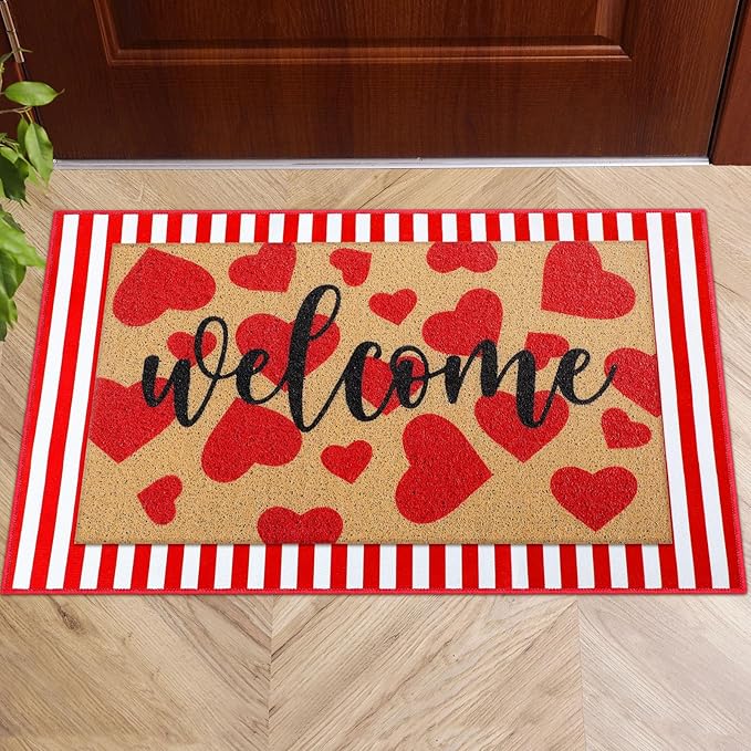 Tinideya 2 Pcs Valentines Welcome Door Mat Heart Outdoor Welcome Mats for Front Door Non Slip Heart Coir Floor Mat Red White Stripe Valentines Rug for Outside Front Porch Entryway Decor