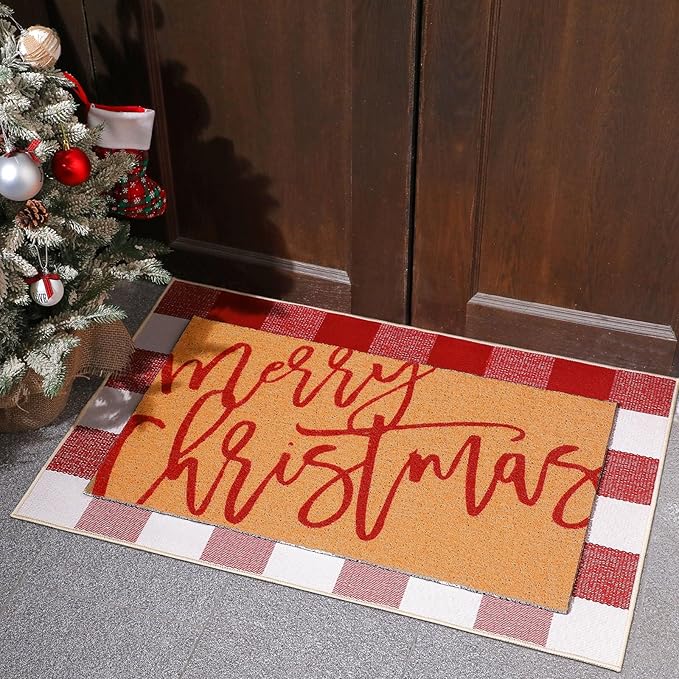 Tinideya 2 Pcs Christmas Door Mat Xmas Welcome Non Slip Coir Mats Merry Christmas Red White Buffalo Plaid Floor Layering Doormats Seasonal for Front Porch Entryway Decor(Red White Buffalo)