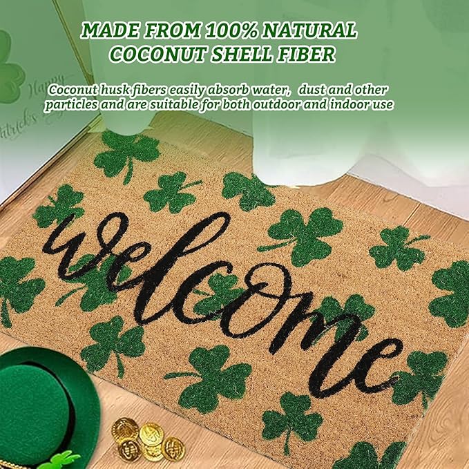 Whaline St. Patrick' s Day Doormat Natural Coir Welcome Floor Mat Green Shamrock Clover Rectangle Entrance Door Rug for Indoor Outdoor Home Bathroom Decor, 16.5 x 29 Inch