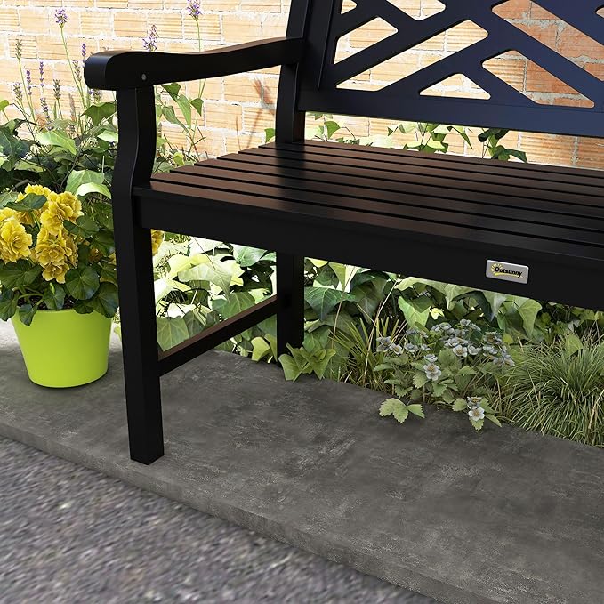 Outsunny Outdoor Garden Bench, Wooden Frame Patio Bench with Geometric Pattern, 43.25 Inch Weatherproof 2-Person Love Seat for Garden, Lawn, Porch, Yard, Work Entryway, Black