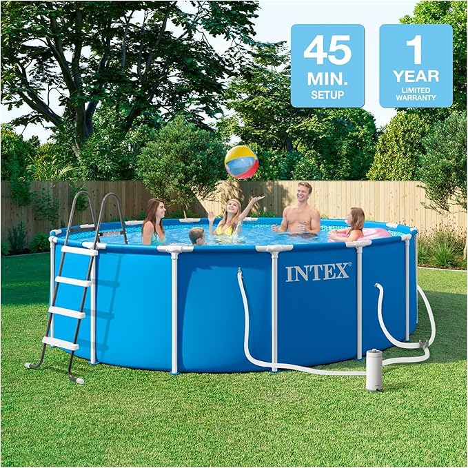 INTEX 28241EP 15Ft X 48In Metal Frame Above Ground Swimming Pool Set, Includes 1000 GPH Cartridge Filter Pump, Removable Ladder, Pool Cover, Ground Cloth