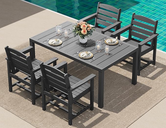 SERWALL 5-Piece Outdoor Table and Chairs, 60" - 83" Expandable Outdoor Dining Table with Aluminum Frame & HDPE Tabletop, All Weather HDPE Patio Furniture Set for Backyard, Garden, Grey