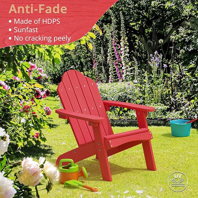 LUE BONA Kids Adirondack Chair - Red Poly Lumber Plastic, Weather Resistant Outdoor Patio Lounge Chair for Toddlers, Balcony, Backyard