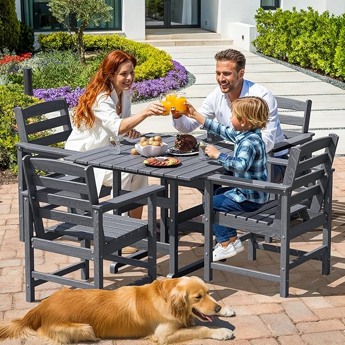 Outdoor HDPE Dining Table Set, 5-Piece All-Weather HDPE Outdoor Table and Chairs with Elegant Armrest, Wood Grain Patio Furniture Sets with Umbrella Hole for Porch, Backyard, Gray
