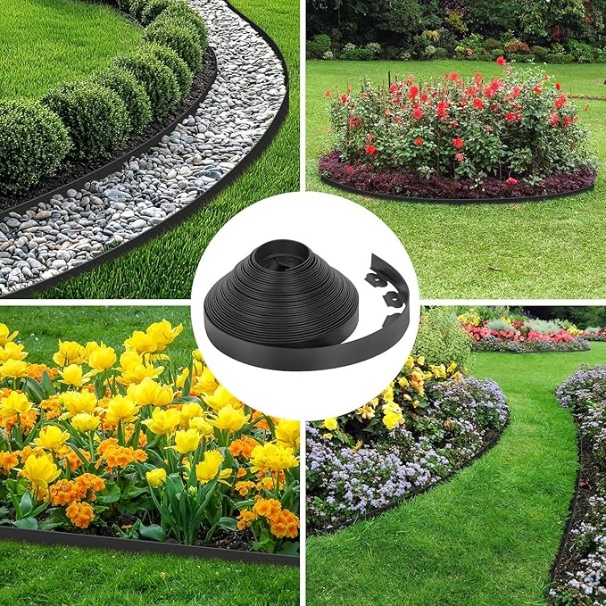 2-Inch x 200 FT Landscape Edging Border with 300 Stakes, Plastic Garden Edging Border Kit, Flexible No Dig Lawn Edging Border for Garden Flower Beds Yard Pathway Paver (Black)