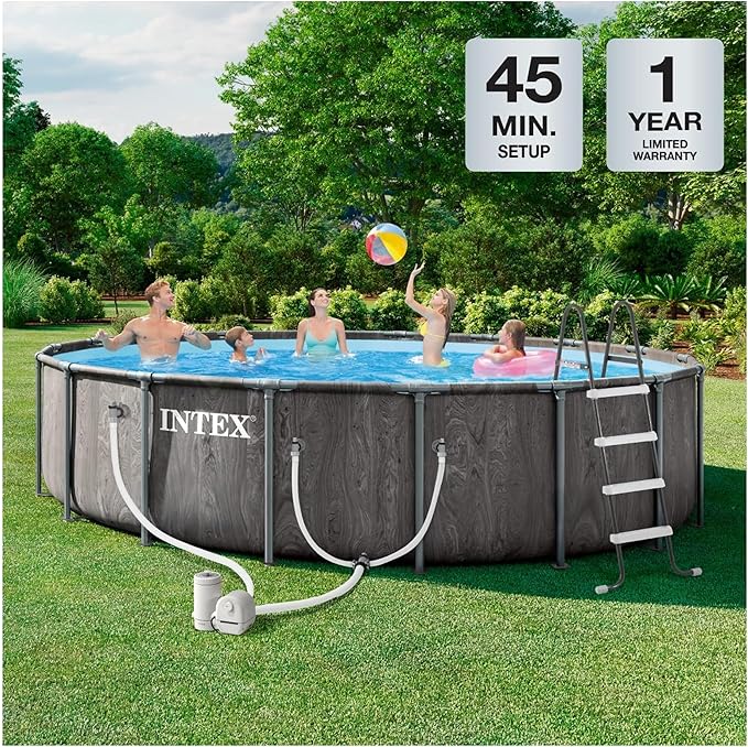 INTEX 26743EP Prism Frame Above Ground Swimming Pool Set: 18ft x 48in – Includes 1500 GPH Cartridge Filter Pump – Removable Ladder – Pool Cover – Ground Cloth