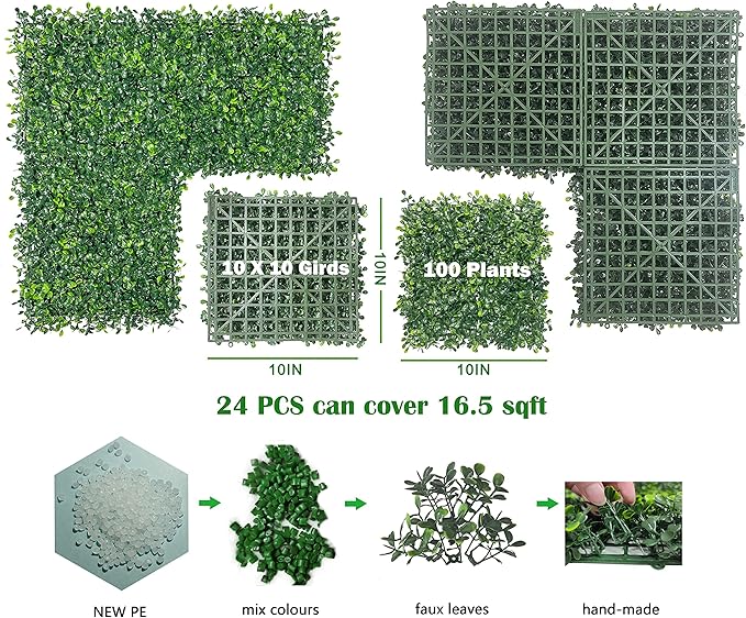 Bybeton Artificial Green Wall Panel,10"x 10"(24Pcs) Boxwood Faux Grass Wall Panels for Interior Wall, Backdrop Wall,Garden Wall and Indoor Outdoor Plant Wall Decor