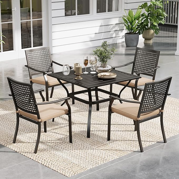 PHI VILLA Metal Patio Outdoor Table and Chairs 5 Piece Dining Set - 37" Square Bistro Table and 4 Backyard Garden Chairs, Table with 1.57" Umbrella Hole