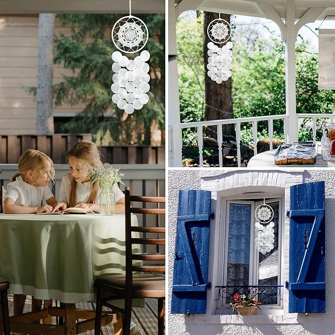 Handmade Capiz Wind Chimes for Outside, Outdoor Seashell Hanging Beach Coast Ocean Home Decorative, Unique Natural Shell Waterfall Windchimes for Summer Patio, Great Memorial Sympathy Gift（White