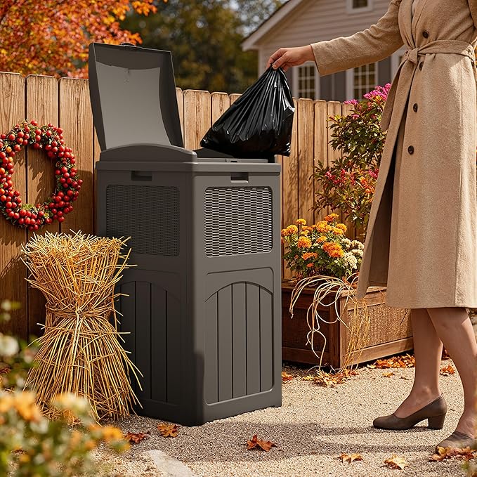 YESHOMY 33 Gallon Resin Outdoor Trash Can with Lid, Hideaway Waterproof Patio Garbage Bin, Brown