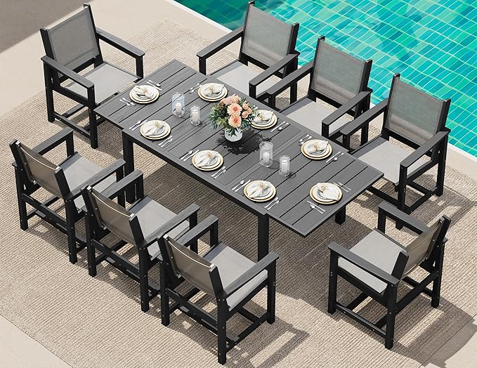 SERWALL 9-Piece Outdoor Dining Set, 60" - 83" Expandable Patio Dining Table with 6 Breathable Textilene Chairs, All Weather HDPE Patio Furniture Set for Backyard, Garden, Black