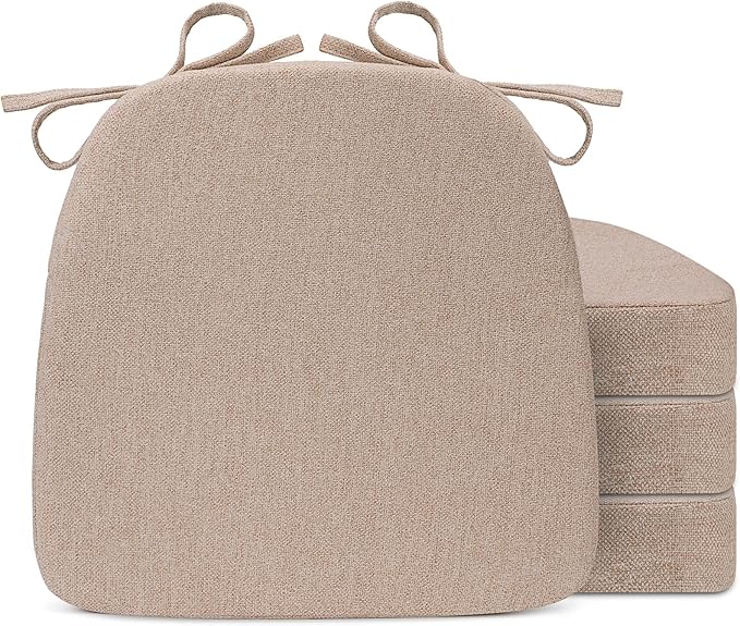 Chair Cushions for Dining Chairs, D-Shaped Seat Cushions with Removable Washable Cover and Ties, Chair Pads for Kitchen, Indoor Dining Room, Patio Chairs, 17'' x 16'', Set of 4, Khaki