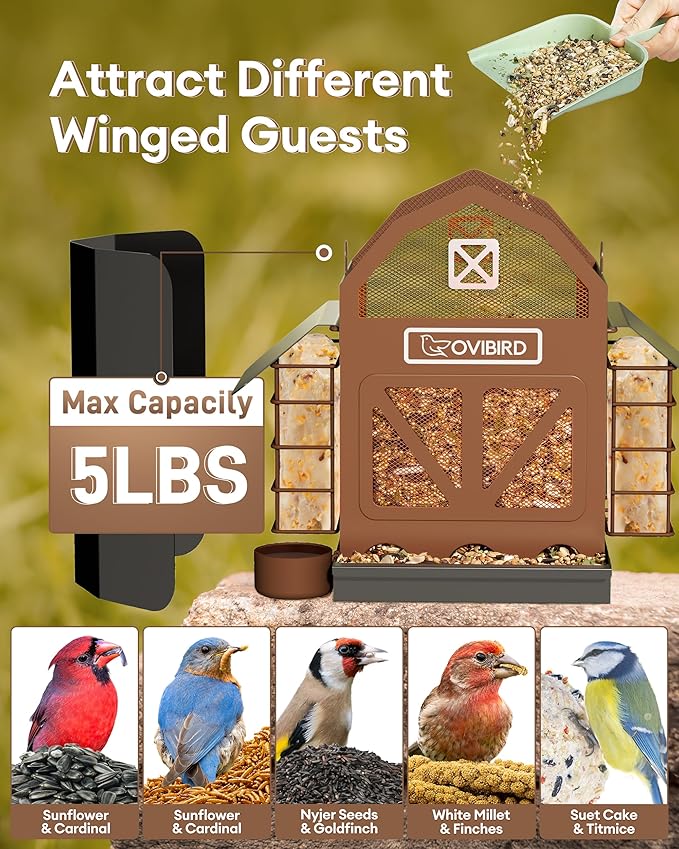 Bird Feeders for Outdoors Hanging, 5LBS Large Bird Feeder with 2 Suet Cage, Red Barn Metal Birds Feeder for Outside, Weather Resistant Cardinal Feeders, ldeal Birds Watching Gifts (Brown)
