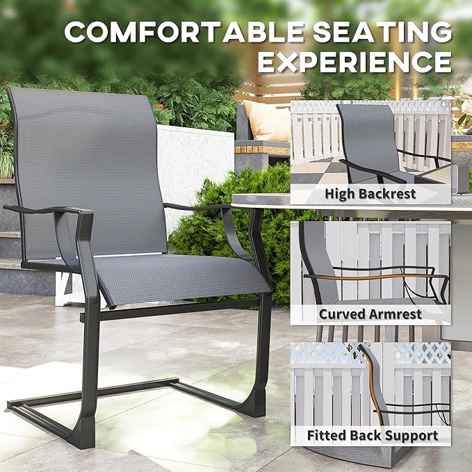 Outsunny Patio Dining Chairs Set of 2, Outdoor C Spring Dining Chairs Set w/High Back, Armrest, Breathable Fabric & Metal Frame, Heavy Duty Outdoor Chairs for Backyard, Deck, 256LBS, Light Gray