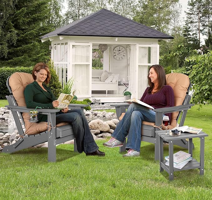 nalone Folding Adirondack Chair with Cushion with Cup Holder, HDPE Plastic Oversized Patio Chair Weather Resistant, Used in Outdoor, Fire Pit, Deck, Garden, Campfire Chairs (Grey)