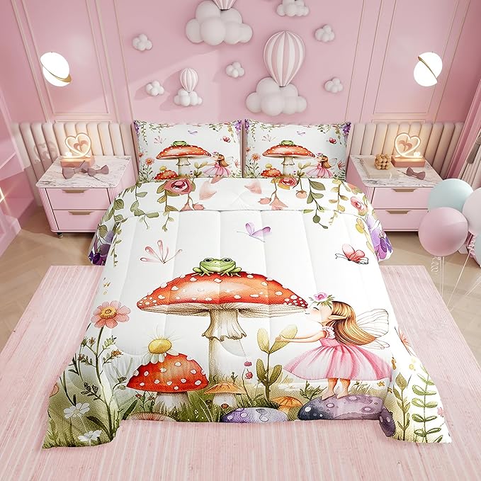 Erosebridal Fairy Garden Queen Bedding Set - Mushroom & Frog Comforter Set for Kids Girls, Butterfly Floral Forest Themed Quilt | Whimsical Fairies Bedroom Decor with 2 Pillowcases