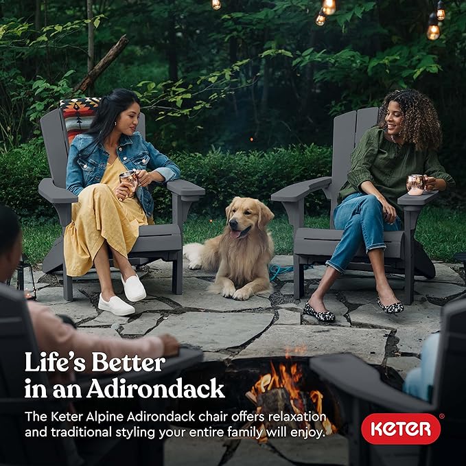 Keter Alpine Adirondack 2 Pack Resin Outdoor Furniture Patio Chairs with Cup Holder-Perfect for Beach, Pool, and Fire Pit Seating, Dark Grey