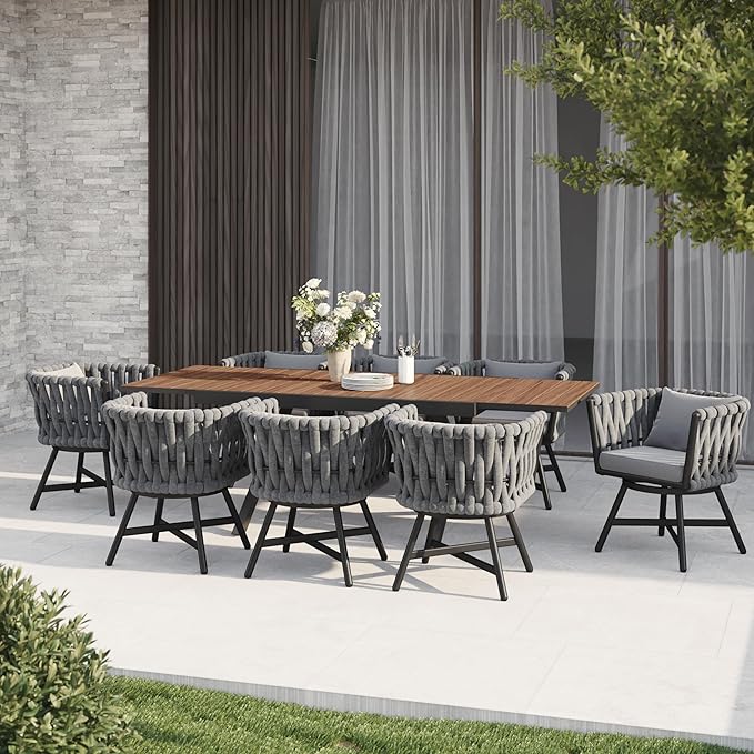 Grand patio 9-Piece Outdoor Dining Set for 8, Patio Dining Furniture Set for 8 Swivel Rope Wicker Chairs & 1 Extendable Rectangular Dining Table, Dark Grey