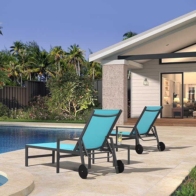 PURPLE LEAF 2 Pieces Outdoor Chaise Lounge Aluminum Patio Lounge Chair with Wheels and Armrests Outdoor Lounge Recliner Chair for Pool Backyard Beach Turquoise Blue