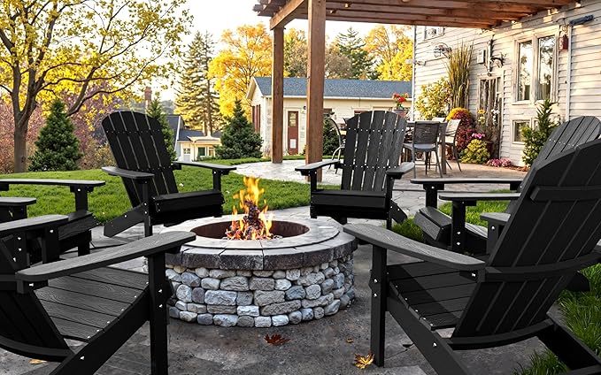YEFU Adirondack Chair Weather Resistant: Outdoor Chair HIPS Plastic Adirondack Chairs - Patio Chairs with Wood Texture - Lawn Fire Pit Deck Porch Garden Chairs for Adults (Black)