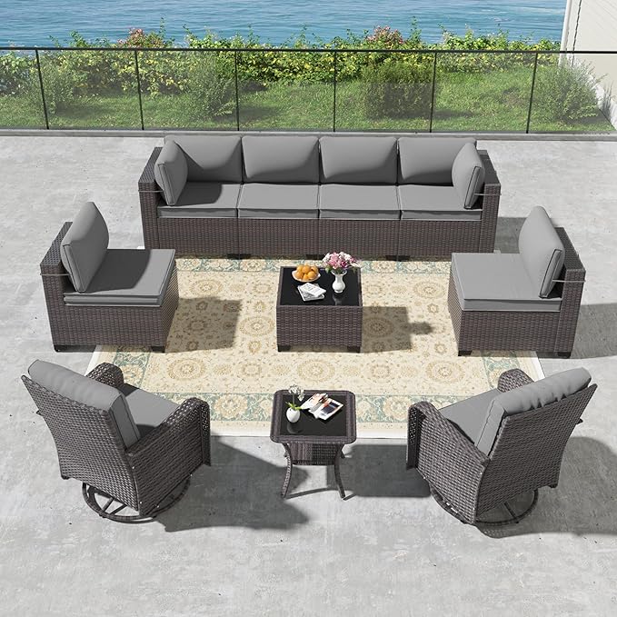 Kullavik 10PCS Outdoor Patio Furniture Set,PE Wicker Rattan Sectional Sofa Patio Conversation Sets with Tempered Glass Table,Swivel Rocking Chairs Set,Grey