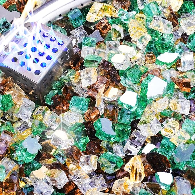 NUPICK 5 Pound Fire Glass, 1/2 Inch Reflective Fire Pit Glass, Tempered Firepit Glass Rock for Propane or Natural Gas, Glass Rocks for Fire Pit Table or Fireplace, Gold & Green & Copper Mix