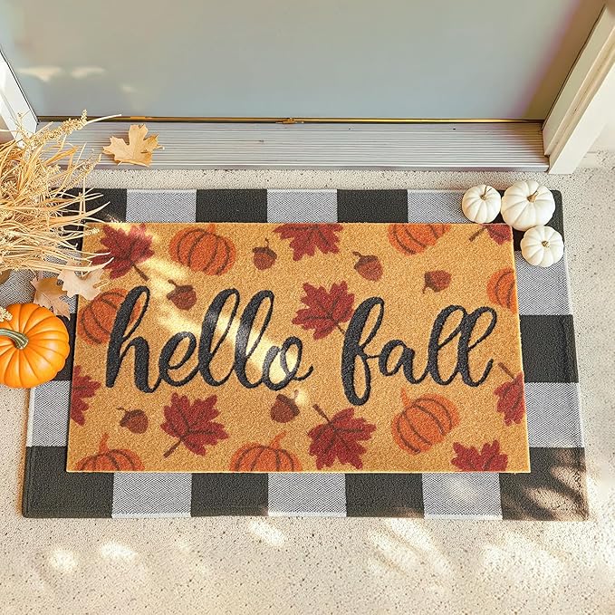 Hello Fall Pumpkin Door Mat Autumn Welcome Mat for Front Door Outdoor Entrance Doormat Coir Dirt Trapper with Non Slip Backing,17x30, Maple Leaves