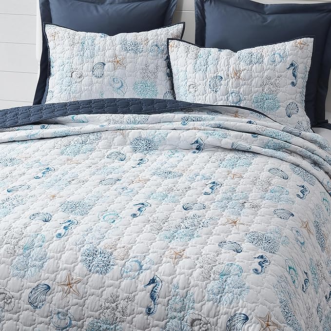 Wonderful Cotton Coastal Quilt Set King Size, Shell Stitched Quilting Reversible Cotton Bedding Cover with 2 Shams, Nautical Beach Lightweight Bedspreads Coverlet Summer Bedding, 106"x94"