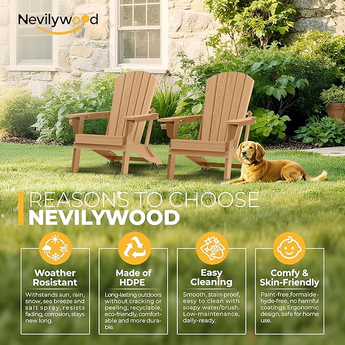nevilywood Folding Adirondack Chair - Extended Ergonomic Backrest, Cup Holder - Easy Assembly - Durable HDPE Plastic, Weather Resistant & Maintenance-Free - Lawn, Patio, Deck Supports 380lbs Teak