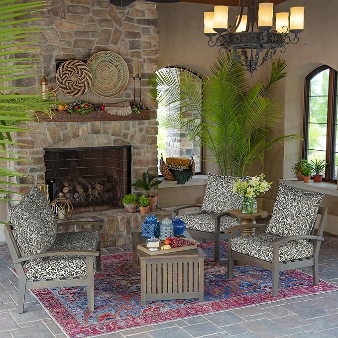 Arden Outdoor Foam Deep Seat Cushion Set, 24 in x 24 in, Weather-Proof, Rain-Proof, Fade Resistant Patio Cushion, Bottom and Back Cushion for Chair, Sofa, and Couch Black Aurora Damask