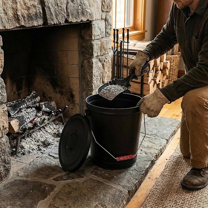 Ash Bucket - 4.75-Gallon Metal Bucket with Lid and Shovel for Fireplace or Firepit Ashes - Heat Resistant Fireplace Tools by Pure Garden (Black)