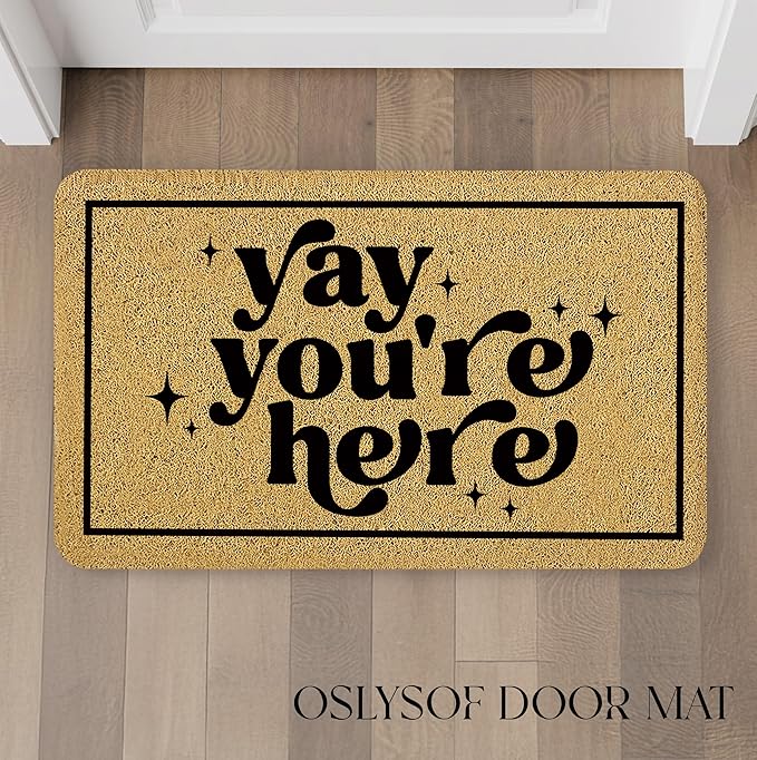 Funny Welcome Door Mat, Yay You're Here Doormat for Front Door Indoor Outdoor Porch Entrance Entryway, Funny Welcome Mat Outside, 17x30 Inches