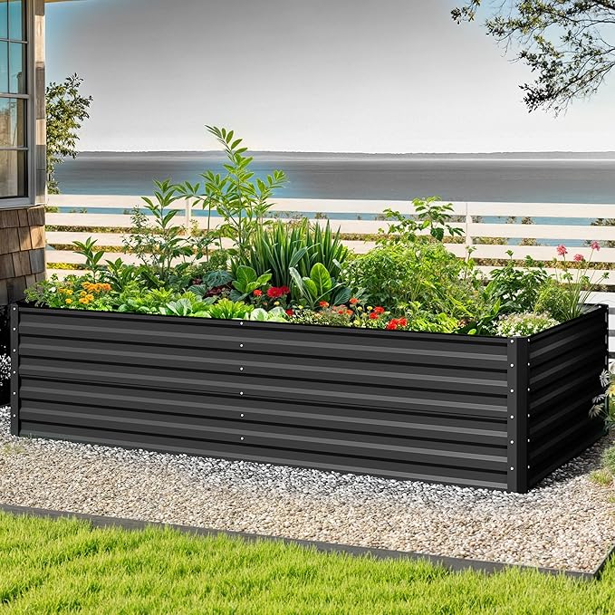 DWVO 8 x 4 x 2 FT Raised Garden Bed Kit, Outdoor Galvanized Flower Bed with Safety Rubber and Gloves, Large Metal Planter Box for Vegetables, Flowers, Herbs, Fruits, Black
