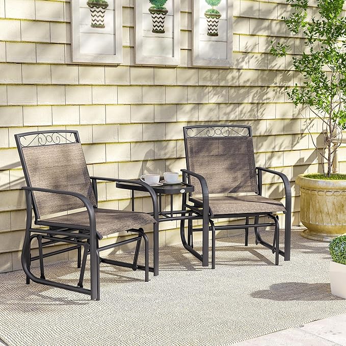 Outsunny Outdoor Glider Chairs with Coffee Table, Patio 2-Seat Rocking Chair Swing with Breathable Sling for Backyard, Garden and Porch, Brown