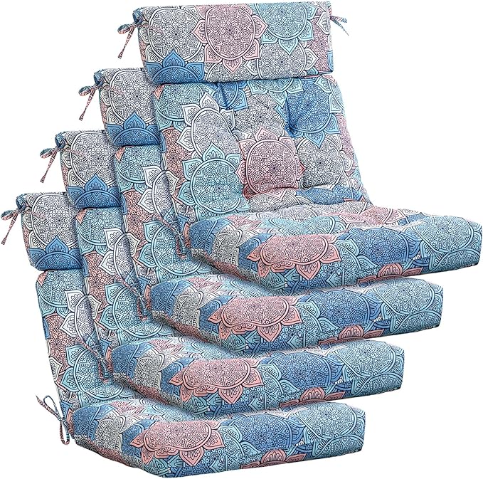 Barydat 4 Pcs Tufted High Back Chair Cushion Indoor Outdoor Seat and Back Cushions Palm Leaves Tropical Plants Lawn Rocking Chair Pads with Ties for Adirondack Patio Garden(Blue Flower)