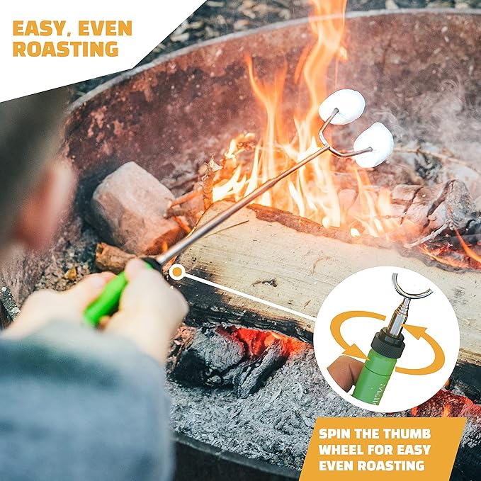 MalloMe Smores Sticks for Fire Pit -Rotating 34 inch Marshmallow Roasting Sticks Smores Kit Outdoor -Accessories for Campfire- Smore Skewers Hot Dog Fork, Camping Essentials Bonfire Gear Long (4 Pack)
